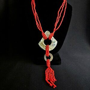 Red Beaded Multi Strand MOP Pendant Lariat Necklace